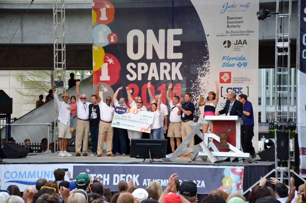 With 2294 votes, AquaJax (creator #20232) had the highest number of votes of any creator at One Spark 2014. At the Closing Ceremony on April 13, 2014, they were presented with a check for $13,794.15 as the winners of the Science category.