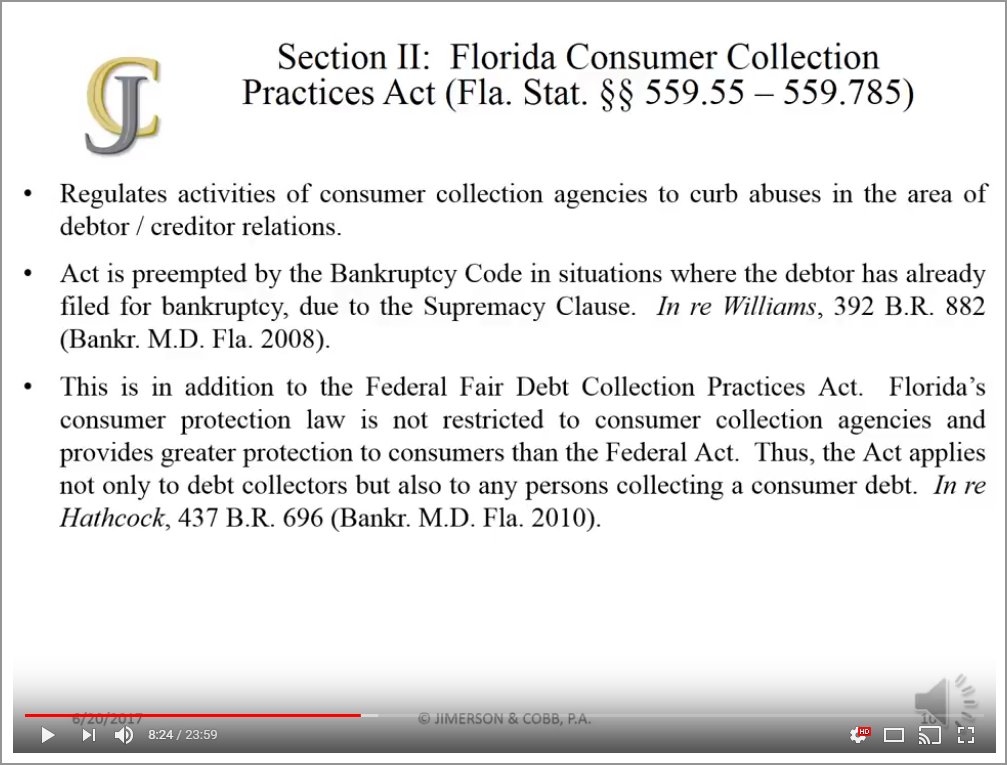 Avoid a consumer protection violation of the Florida Consumer Collection Practices Act