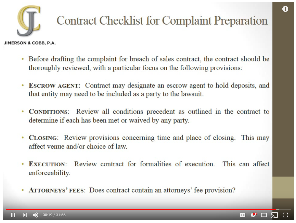Watch the video before drafting a complaint due to seller actions for a real estate sales contract breach