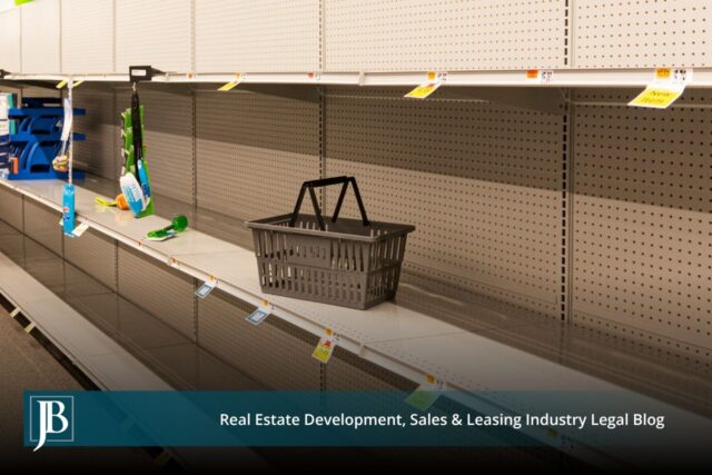 Nearly empty store shelves with a lone shopping basket, illustrating the lost income a Florida business damages claim can recover after a partial taking.