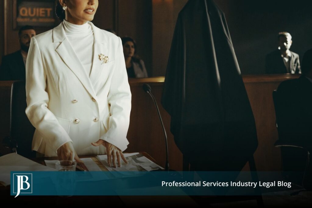 Female defense attorney in a white suit addressing the court at counsel table during a Florida civil trial, with judge and jury in the background.