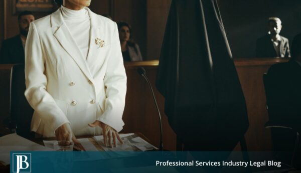Female defense attorney in a white suit addressing the court at counsel table during a Florida civil trial, with judge and jury in the background.