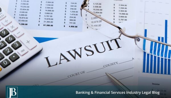 Commercial collection lawsuit court document beside a calculator, financial statements, and bar charts showing a disputed account balance.