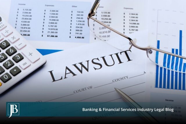 Commercial collection lawsuit court document beside a calculator, financial statements, and bar charts showing a disputed account balance.