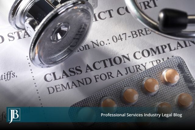 Consumer class action complaint filed in federal district court with a jury trial demand, medication packaging, and a stethoscope on the pleading.