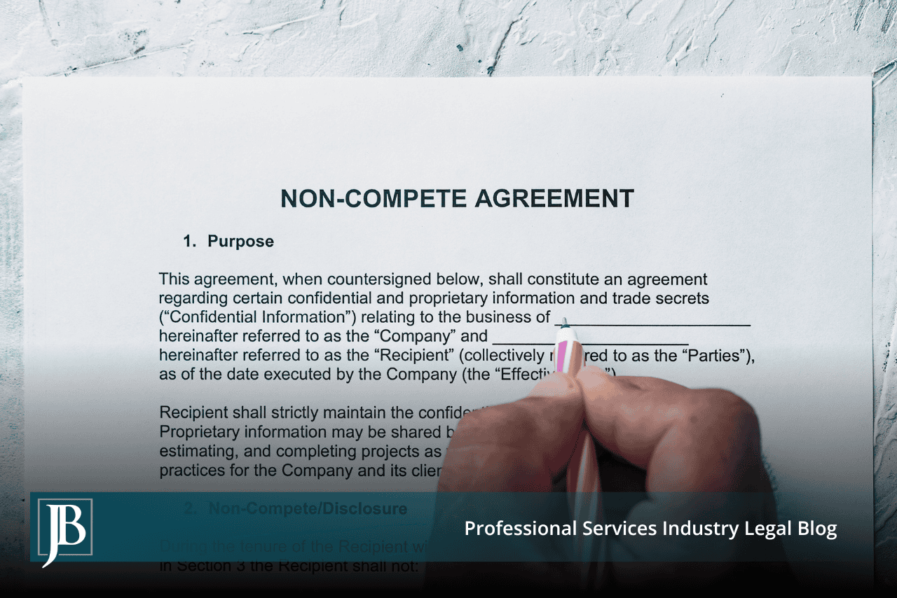 Printed non-compete agreement showing the purpose and non-compete disclosure sections with a hand holding a pencil above the page