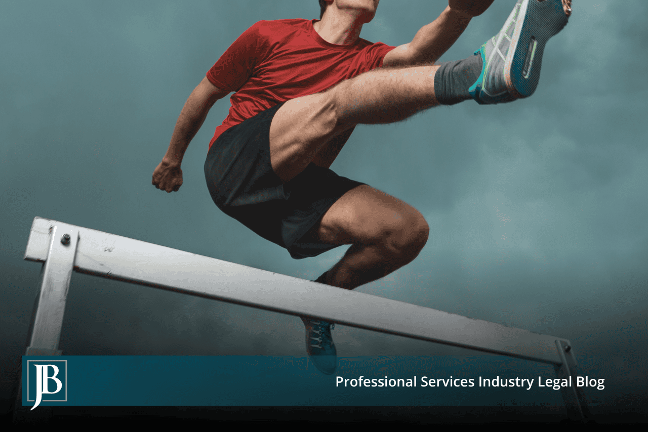 Runner clearing a hurdle, illustrating defense of business tort lawsuits filed to slow down competition.