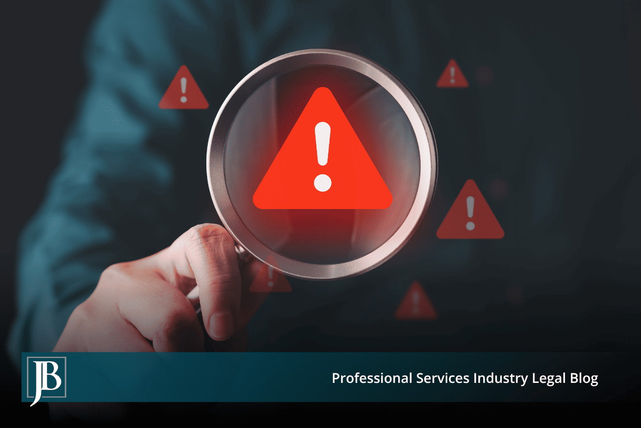 Magnifying glass over a red warning triangle, illustrating the risks a fraud count adds to a Florida business lawsuit